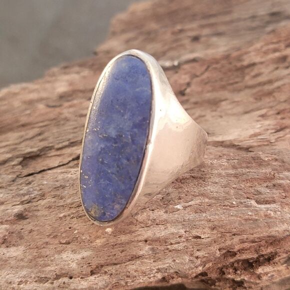 Sterling Contemporary Lapis Thailand Long Oval Statement Ring - Picture 5 of 12